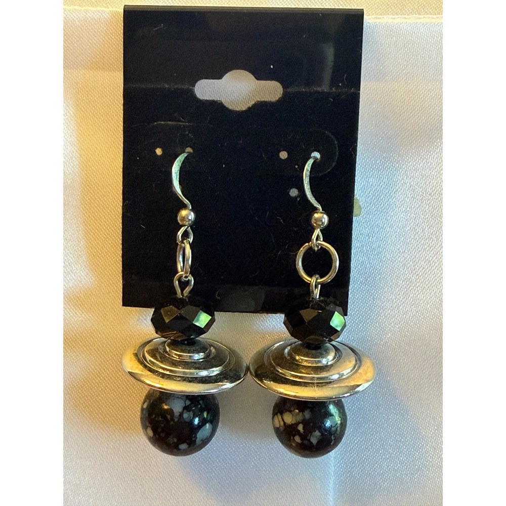 Black and Silver Saucer Bead Dangle Drop Fishhook Earrings